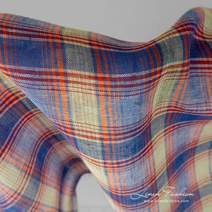 Transparent linen fabric in blue orange checks | Pure Linen Fabrics | Width 180cm (71&quot;) | Weight 130g / m (3.83oz / yd) | Made by Siulas