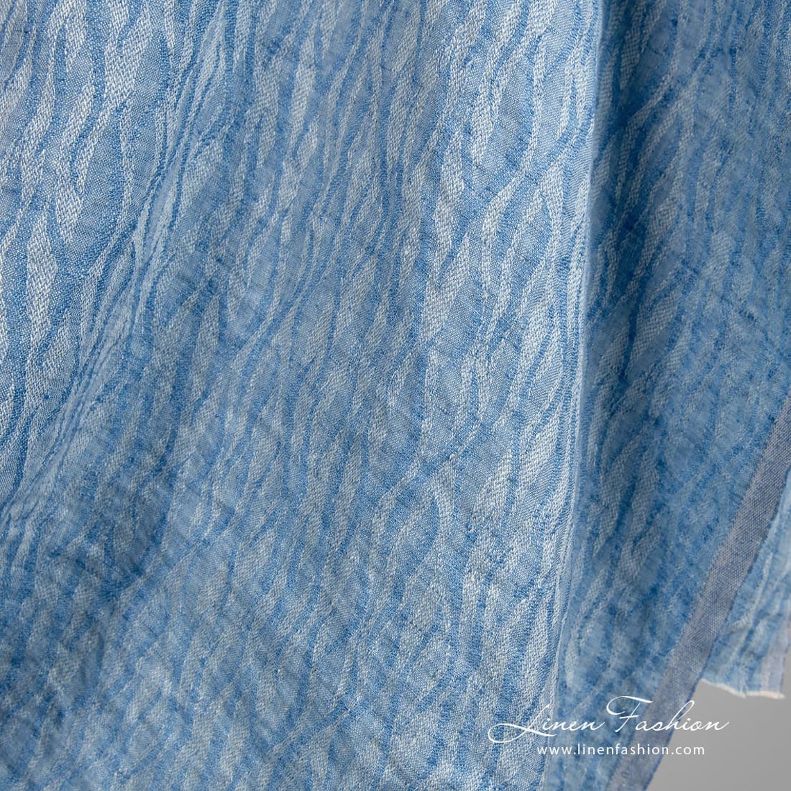Blue Jacquard Linen Fabric Washed Pure Linen Fabric Width Etsy