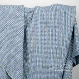 Waffle linen blend fabric in blue color, washed | weight 245 gsm (7.2 oz /yd) | by the yard or meter | for sewing bath towels, bathrobes