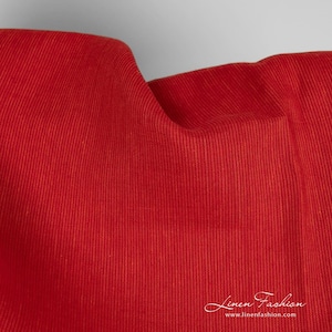Scarlet red linen fabric in orange stripes | Pure Linen Fabric | Width 150cm (59") | Weight 160g / m (4.72oz / yd) | Made by Siulas