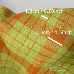 Linen fabric in green and orange checks | Pure Linen Fabric | Width 150cm (59) | Weight 175g / m (5.16oz / yd) | Made by Siulas, Lithuania