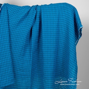 Linen fabric in bright blue checks, washed | Pure Linen Fabric | Width 145cm ± 5% | Weight± 150g / m2 | Made by Siulas, Lithuania