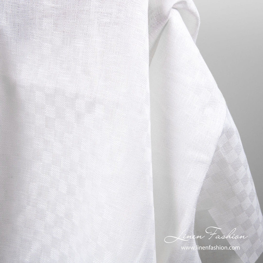 Checked Linen Pattern White Linen Fabric in Check Pattern | Width 150cm(59) | Weight 205g / M ...