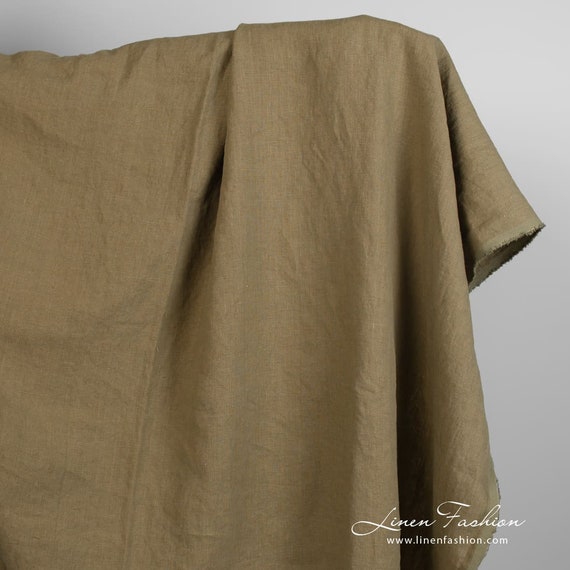 Linen Fabric in Tobacco Green | Washed Linen Fabric | Width 140 Cm (55