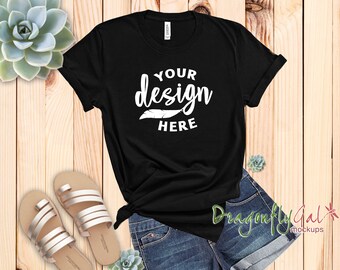 Download Free Bella Canvas Black Unisex Tee Mockup, Women Youth College Styled T-Shirt Mock Up, Succulent Design PSD Template