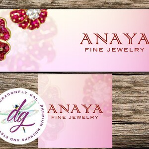 May include: A pink and white banner with the text "ANAYA FINE JEWELRY" in red. A pink and white business card with the same text is below the banner. A white circle with a dragonfly graphic and the text "DRAGONFLY GAL. PREMIUM MOCKUPS AND ETSY BANNERS" is in the lower left corner.