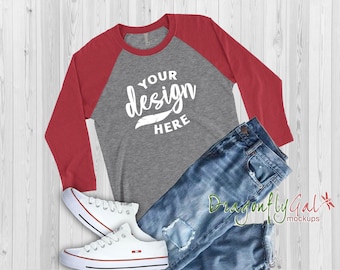 Next Level 6051 Red - Heather Grey Unisex Baseball Basic Raglan Mockup / Next Level Long Sleeve Mockup / Flat Lay Mock Up / Flat Lay tee