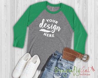 Next Level 6051 Green - Heather Grey Unisex Baseball Basic Raglan Mockup / Next Level Long Sleeve Mockup / Flat Lay Mock Up / Flat Lay tee