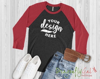 Siguiente Nivel 6051 Rojo - Heather Grey Béisbol Unisex Básico Raglan Mockup / Siguiente Nivel Long Sleeve Mockup / Flat Lay Mock Up