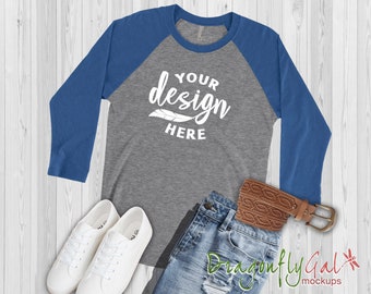 Next Level 6051 Blue - Heather Grey Unisex Baseball Basic Raglan Mockup / Next Level Long Sleeve Mockup / Flat Lay Mock Up / Flat Lay tee