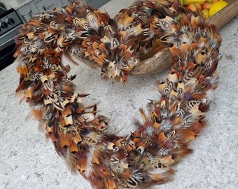 Large mixed Pheasant Feather Heart wreath 45cm high