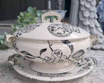 Antique JH&S sauce tureen, black and ivory- aesthetic movement