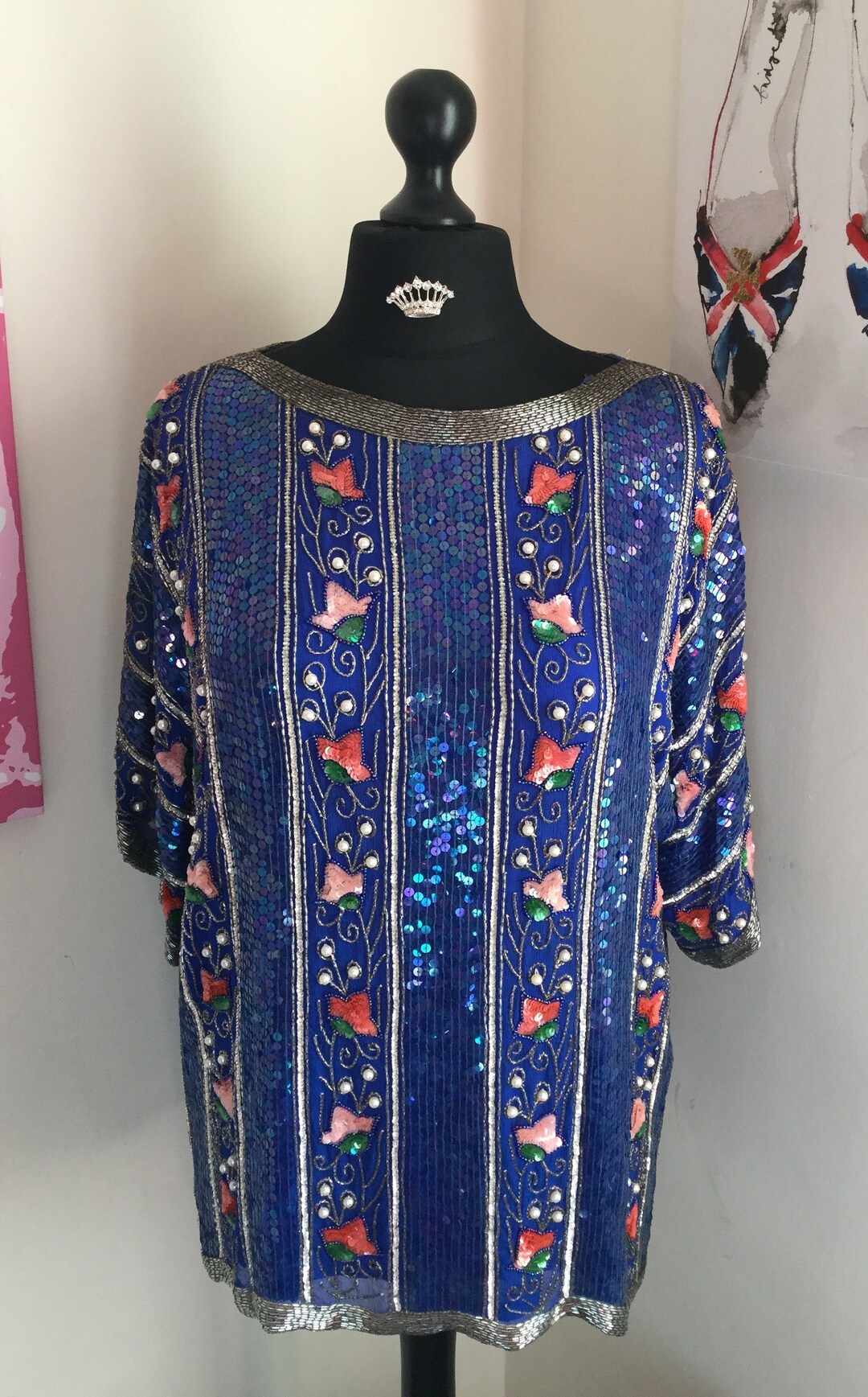 Vintage Blue Floral Beaded Sequinned Top by Megere Size UK16 - Etsy