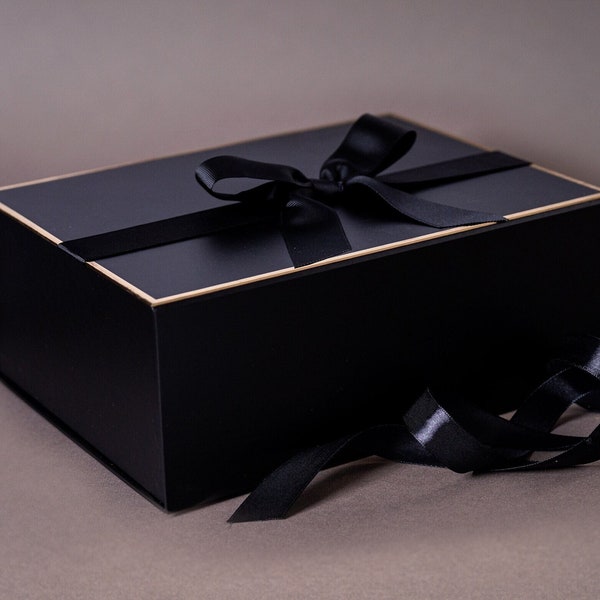 Black and Gold Gift Box with Bow - Empty Gift Box for Him - Luxury Magnetic Gift Box Black for Men - Large Gift Box Groom - Father's Day Box