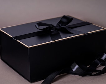 Coffret cadeau noir et or avec nœud - Coffret cadeau vide pour lui - Coffret cadeau magnétique de luxe noir pour homme - Grand coffret cadeau marié - Coffret fête des pères