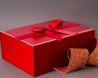 Coffret cadeau magnétique personnalisé de Saint-Valentin rouge et or avec ruban - Boîte vide de réveillon de Noël - Coffret cadeau pour lui ou elle avec son nom