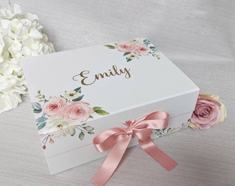 Floral Gift Box with Pink Ribbon - Personalised Bridesmaid Proposal Boxes - Valentine's Day Box - Mothers Day Gift Box
