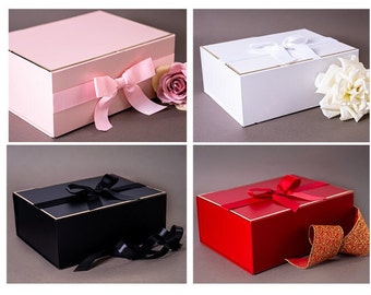 Luxury Large Gift Boxes with Gold Edge and Ribbon Bow - Eid Mubarak Gift Boxes Empty - Wedding Hamper Box - Pink Gift Box - White Gift Box