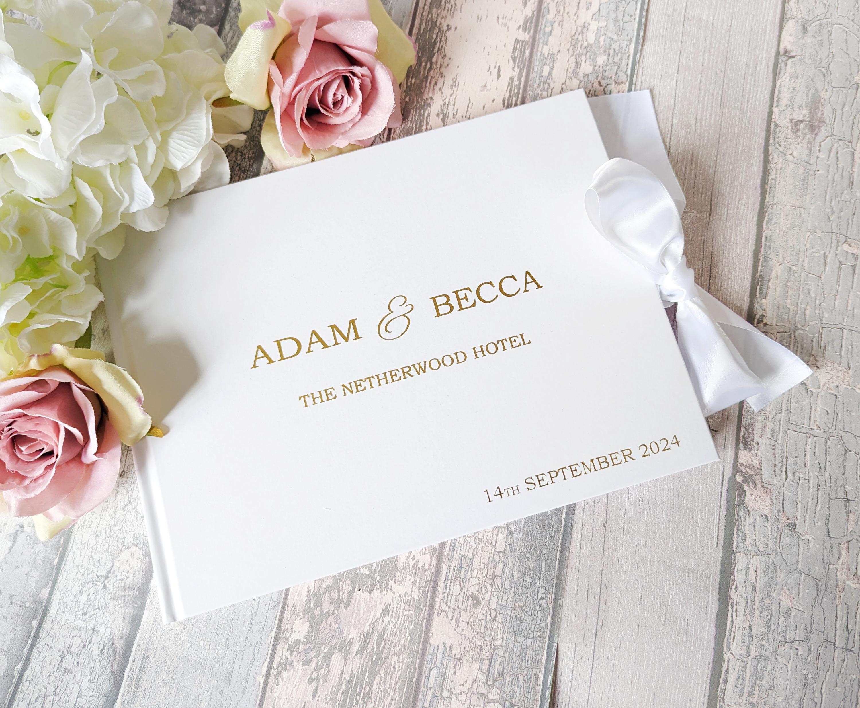 Personalized Wedding Guest Book A4: White with Foil Print and Ribbon