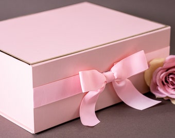 Pink and Gold Magnetic Gift Box with Ribbon Bow - Empty Bridesmaid Proposal Box for Women - Mothers Day Gift Box - Luxury Gift Box for her