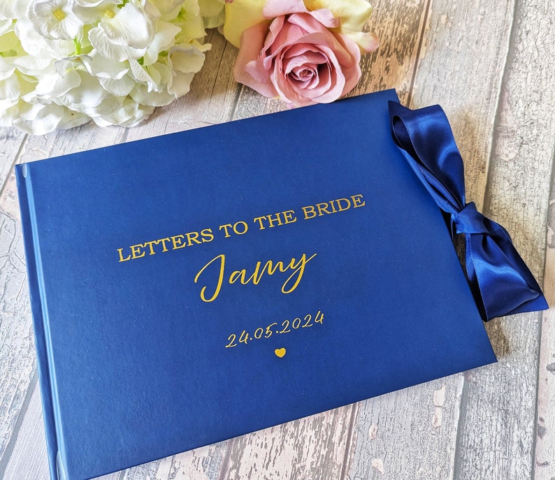 Livre de luxe Lettres à la mariée avec nom imprimé et personnalisation Livre d'or nuptiale blanc ou bleu marine Livre d'or Hen Do image 4