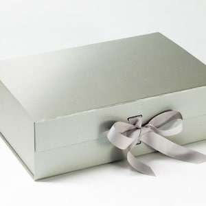 May include: A silver gift box with a satin ribbon tied in a bow. The box is closed and has a subtle ombre effect.
