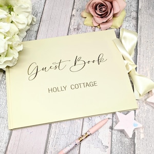 Guest signature book Airbnb rental cottage - Pink White Sage Ivory Navy Visitor book - Blank comment scrapbook
