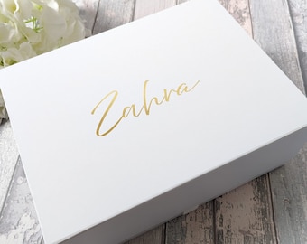 Caja de regalo blanca con nombre impreso en papel de aluminio - Caja de propuesta de dama de honor - Caja de regalo blanca grande, mediana y pequeña - Caja de regalo de boda - Caja de regalo de dama de honor