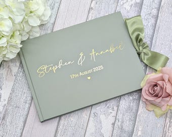 Sage Green Wedding Guestbooks with ribbon - Books for guest signing Foil Personalisation - White Pink Ivory Photo book Wedding Engagement