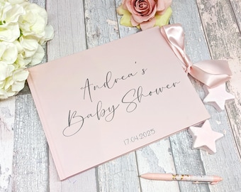 Baby shower Guest book with foil printed name personalisation - Pink White Sage Ivory Navy Guest Book for Baby Girl shower - Blank scrapbook
