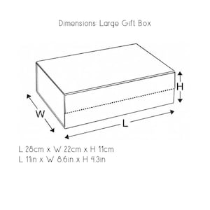 K&ouml;nnte beinhalten: Linienzeichnung einer rechteckigen Geschenkbox mit den in Zoll und Zentimetern angegebenen Ma&szlig;en. Die Box ist 11 Zoll lang, 8,6 Zoll breit und 4,3 Zoll hoch. Die Box ist auch 28 Zentimeter lang, 22 Zentimeter breit und 11 Zentimeter hoch.