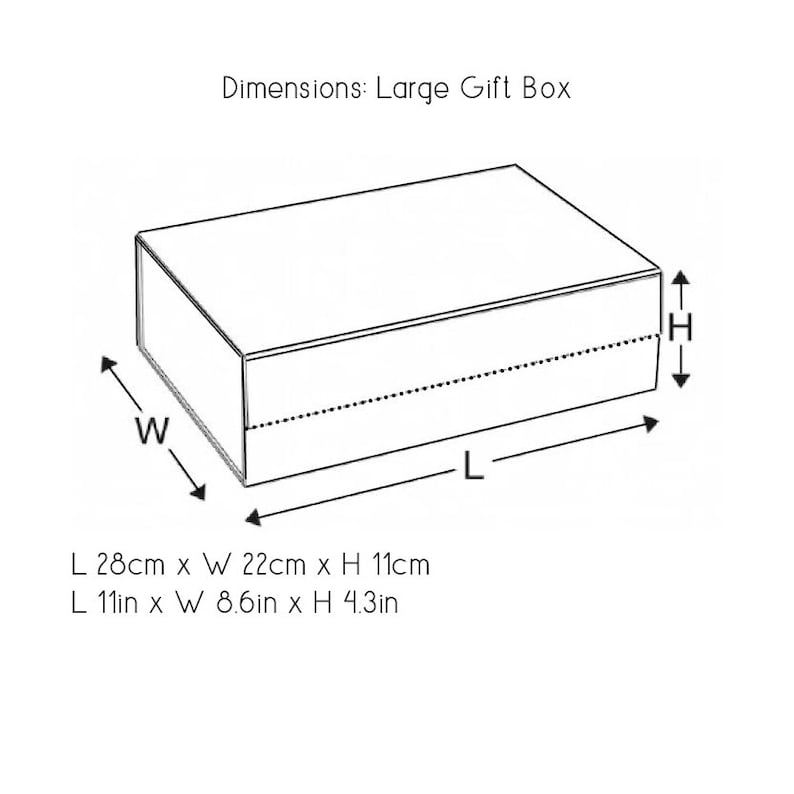 K&ouml;nnte beinhalten: Linienzeichnung einer rechteckigen Geschenkbox mit den in Zoll und Zentimetern angegebenen Ma&szlig;en. Die Box ist 11 Zoll lang, 8,6 Zoll breit und 4,3 Zoll hoch. Die Box ist auch 28 Zentimeter lang, 22 Zentimeter breit und 11 Zentimeter hoch.