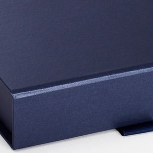 May include: A close-up of a navy blue box with a textured surface. The box has a matching navy blue ribbon pull. The box is likely for packaging or storage.