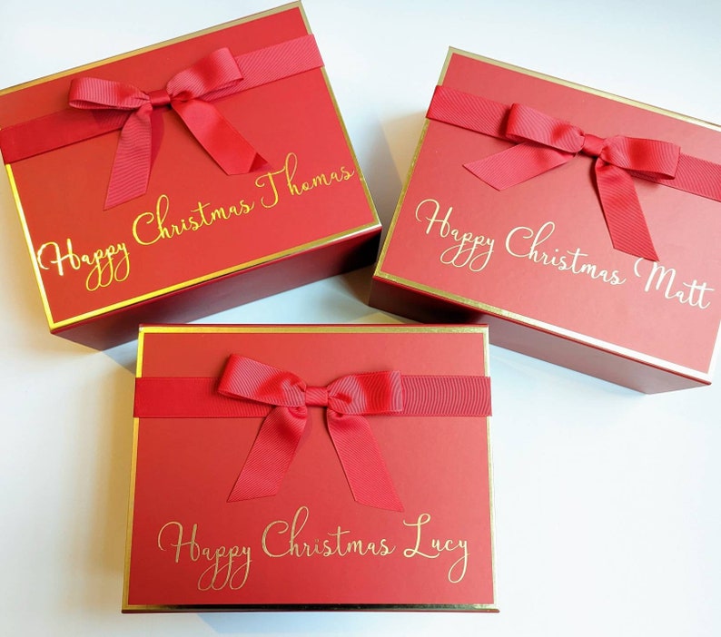 Red and Gold Personalised Valentine's Magnetic Gift Box with Ribbon Bow - Empty Christmas Eve Box - Gift Box for Him or Her with name image 2