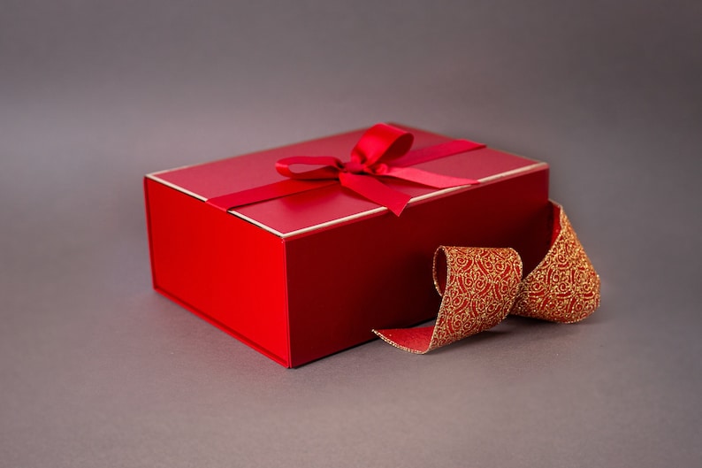 Red and Gold Personalised Valentine's Magnetic Gift Box with Ribbon Bow - Empty Christmas Eve Box - Gift Box for Him or Her with name image 1