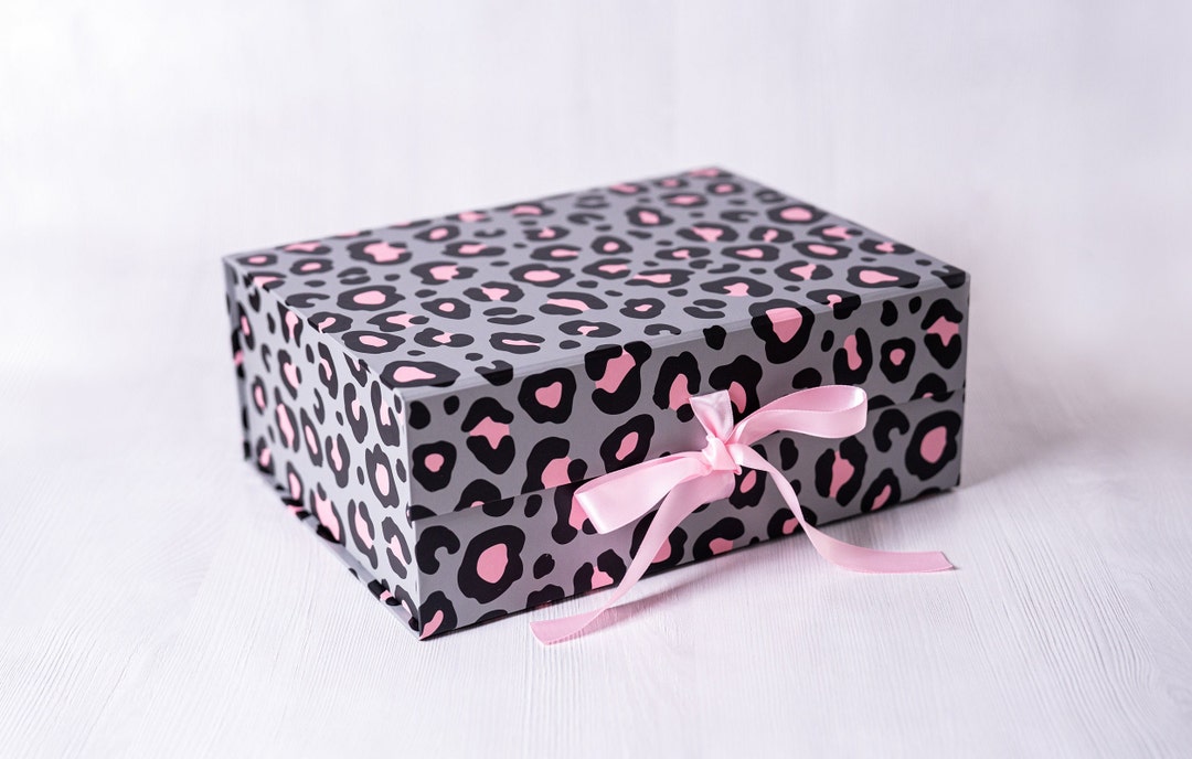 Leopard Print Gift Box With Pink and Grey Pattern and Pink Ribbon Gift