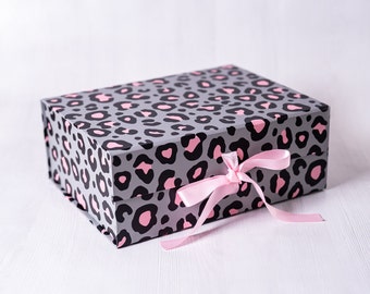 Leopard Print Gift Box with Pink Ribbon: Empty Hamper Box