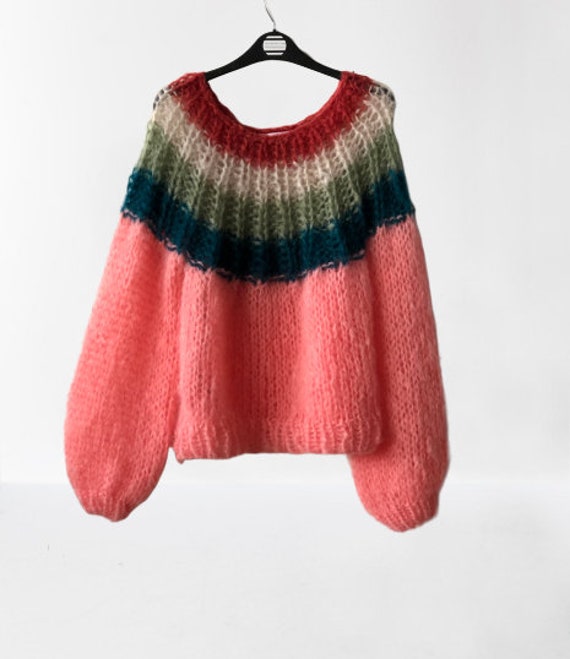 Chunky gebreide mohair trui Spinner koraal groen SALE | Etsy Grofgebreide Spinner mohair sweater | roest rood – You had