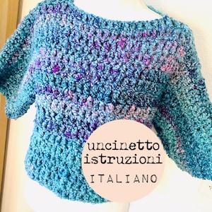 May include: A blue and purple crochet top with a white label that says "uncinetto istruzioni ITALIANO".