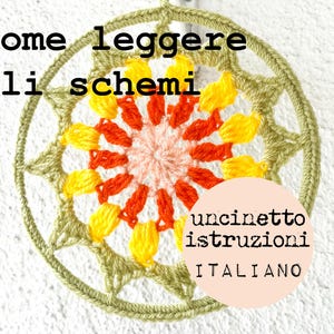 May include: A close-up of a crocheted mandala with yellow, orange, and pink yarn. The text "Come leggere gli schemi" is at the top of the image. The text "uncinetto istruzioni ITALIANO" is in a circle at the bottom of the image.