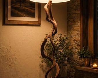Rustic Driftwood Floor Lamp, Twisted Branch Standing Lamp with Linen Shade, Natural Wood Reading Light, Cabin Living Room Decor