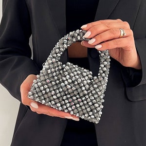 Kristall Perlen Tasche, Handgefertigte Clutch Geldbörse, Luxustasche, Abendtasche, Silber Handtasche, Elegante Abendtasche, Stilvolles Accessoire, ausgefallene Tasche