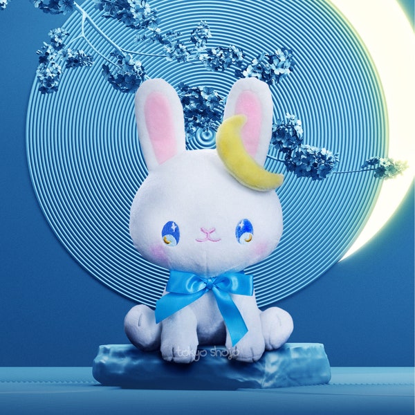 Tsuki the Bunny Plushie - Pon Plush with Magnetic Moon Accessory - Kawaii Cute Rabbit Plushie