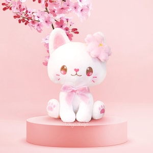 Hanami the Cat Plushie - Pon Plush with Magnetic Sakura Accessory - Kawaii Cute Cat Plushie