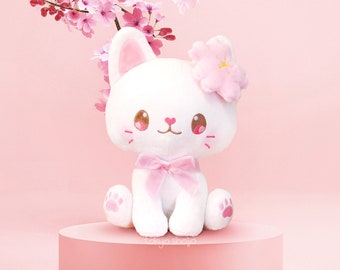 Hanami the Cat Plushie - Pon Plush with Magnetic Sakura Accessory - Kawaii Cute Cat Plushie