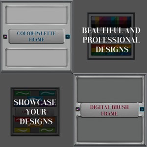 May include: Four digital frames with customizable text and color palettes. The frames are silver with a brushed metal finish. The text on the frames reads "Color Palette Frame", "Beautiful and Professional Designs", "Showcase Your Designs", and "Digital Brush Frame".