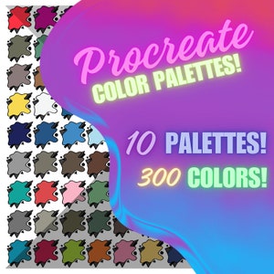 May include: A digital illustration of 10 color palettes for Procreate, featuring 300 colors in total. The palettes are displayed in a grid format, with each color represented by a small, irregular shape.