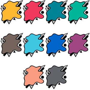 Puede incluir: Diez formas abstractas de colores con un dise&ntilde;o geom&eacute;trico. Cada forma es de un color diferente, incluyendo amarillo, rojo, azul verdoso, verde, marr&oacute;n, azul, azul claro, morado, melocot&oacute;n y gris.