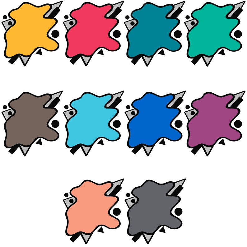 Puede incluir: Diez formas abstractas de colores con un dise&ntilde;o geom&eacute;trico. Cada forma es de un color diferente, incluyendo amarillo, rojo, azul verdoso, verde, marr&oacute;n, azul, azul claro, morado, melocot&oacute;n y gris.