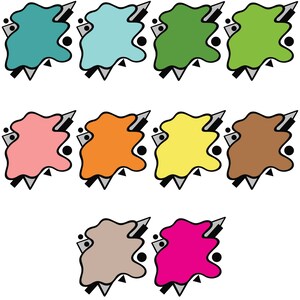 Puede incluir: Ocho formas abstractas de colores con un contorno negro y un fondo blanco. Cada forma tiene un c&iacute;rculo negro y un tri&aacute;ngulo gris en su interior.